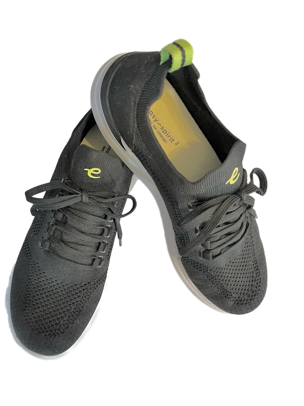 Easy Spirit Jacie 2 Black Knit Slip-On Sneakers with White Sole and Neon Green
